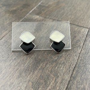 Black & White Silver Geometric Stud Drop Earrings